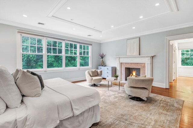 4 Lyons Plain Rd, Weston, CT 06883 - bedroom with wood finished floors, recessed lighting, ornamental molding, a premium fireplace, and attic access