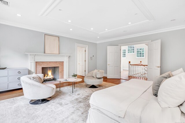 4 Lyons Plain Rd, Weston, CT 06883 - bedroom with wood finished floors, recessed lighting, a fireplace, and crown molding
