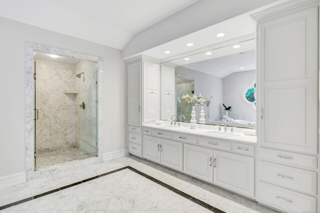 4 Lyons Plain Rd, Weston, CT 06883 - full bathroom featuring lofted ceiling, recessed lighting, a marble finish shower, double vanity, and marble finish flooring