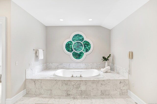 4 Lyons Plain Rd, Weston, CT 06883 - full bath with marble look tiles, a garden tub, and vaulted ceiling