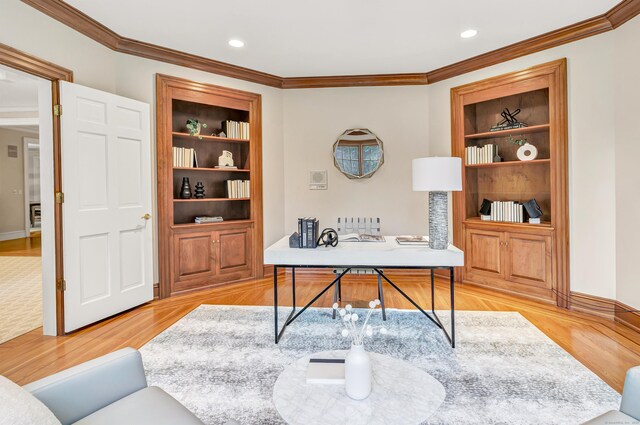 4 Lyons Plain Rd, Weston, CT 06883 - office space featuring ornamental molding, built in features, light wood finished floors, and recessed lighting