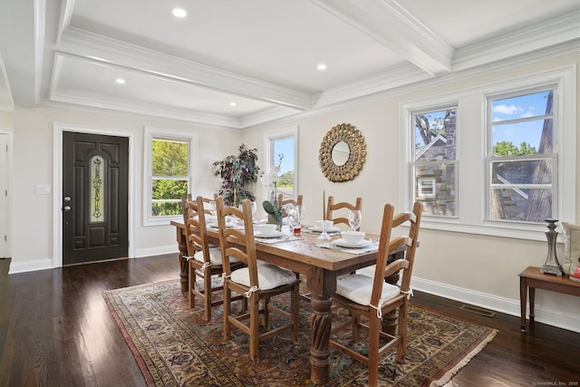 26 Mary St, Shelton, CT 06484 - dining room with beam ceiling, wood finished floors, baseboards, crown molding, and recessed lighting