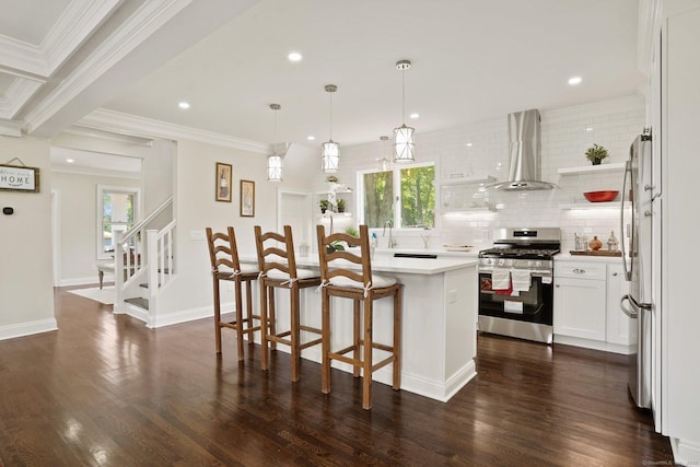 26 Mary St, Shelton, CT 06484 - kitchen with stainless steel gas range, range hood, decorative backsplash, freestanding refrigerator, and dark wood-type flooring