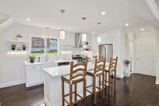 26 Mary St, Shelton, CT 06484 - kitchen with open shelves, a sink, stainless steel appliances, ventilation hood, and dark wood-type flooring