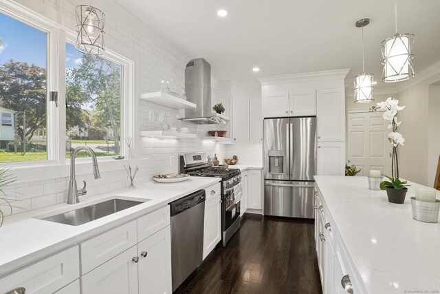 26 Mary St, Shelton, CT 06484 - kitchen featuring appliances with stainless steel finishes, island range hood, open shelves, a sink, and tasteful backsplash