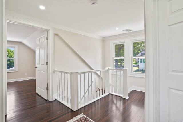 26 Mary St, Shelton, CT 06484 - corridor featuring an upstairs landing, wood-type flooring, baseboards, recessed lighting, and ornamental molding