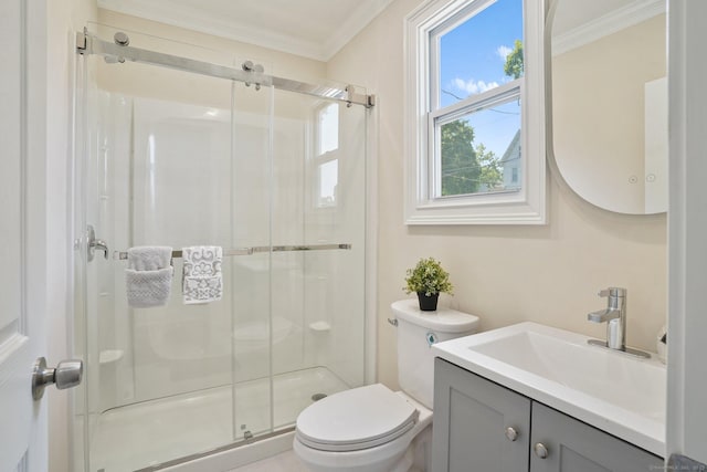26 Mary St, Shelton, CT 06484 - bathroom with toilet, vanity, a stall shower, and ornamental molding