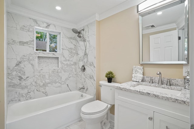 26 Mary St, Shelton, CT 06484 - bathroom featuring marble look tile flooring, vanity, toilet, washtub / shower combination, and crown molding