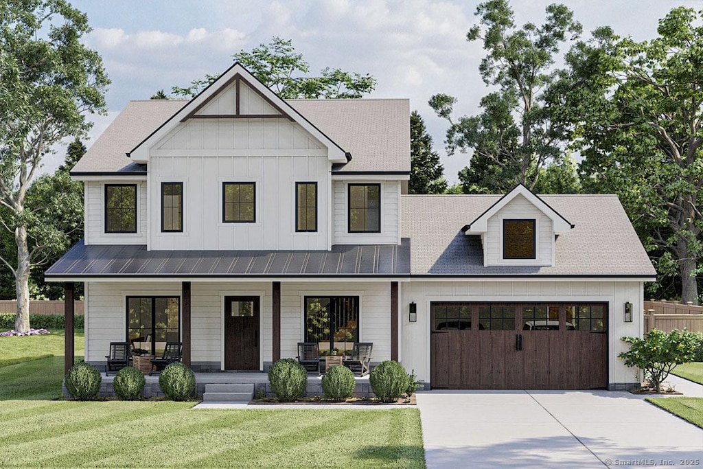 208 Day St, Granby, CT 06035 - modern inspired farmhouse featuring a porch, a garage, driveway, and board and batten siding