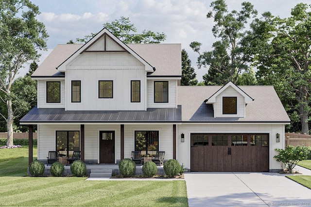 208 Day St, Granby, CT 06035 - modern inspired farmhouse featuring a porch, a garage, driveway, and board and batten siding