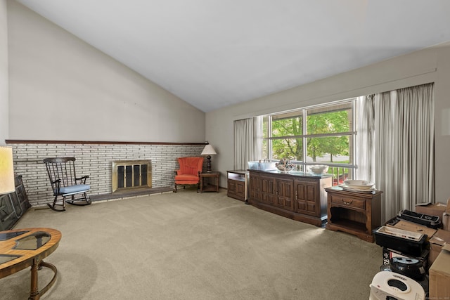 337 Woodbine Rd, Stamford, CT 06903 - living area featuring lofted ceiling, carpet floors, and a brick fireplace