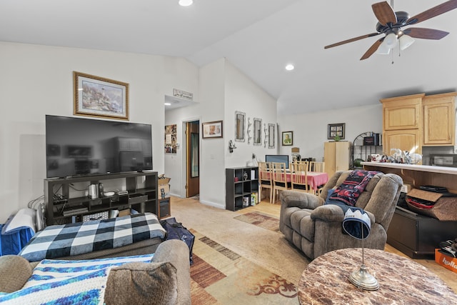337 Woodbine Rd, Stamford, CT 06903 - living area featuring ceiling fan, light carpet, recessed lighting, high vaulted ceiling, and baseboards