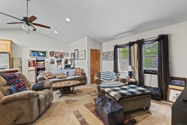 337 Woodbine Rd, Stamford, CT 06903 - living room with vaulted ceiling, ceiling fan, light colored carpet, and recessed lighting