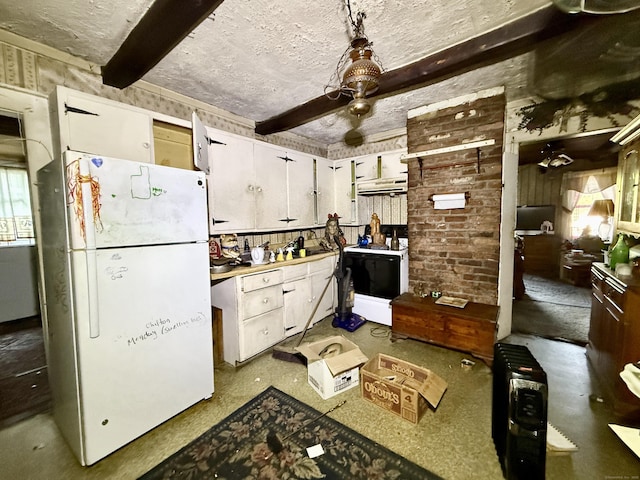 70 E Hill Rd, Canton, CT 06019 - kitchen featuring white appliances, range hood, beamed ceiling, a ceiling fan, and a textured ceiling