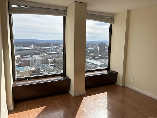 1 Gold St Apt 21G, Hartford, CT 06103 - empty room with wood finished floors, a city view, baseboards, and floor to ceiling windows