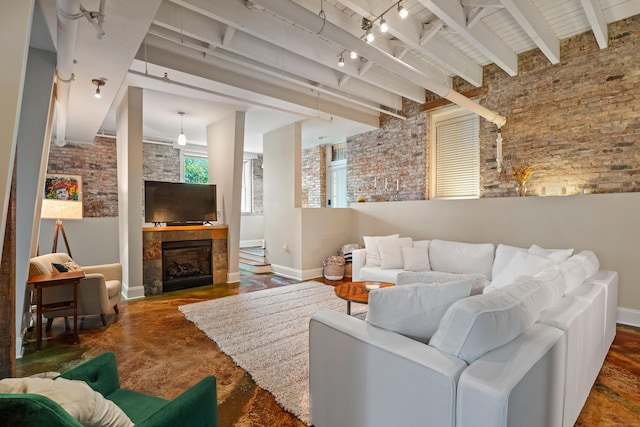 43 Chestnut St Unit 60, New Haven, CT 06511 - living room with baseboards, beam ceiling, and a fireplace