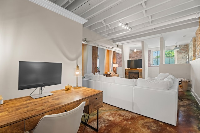 43 Chestnut St Unit 60, New Haven, CT 06511 - living area with a tiled fireplace, concrete floors, and beamed ceiling