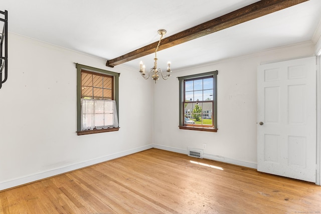 54 Briarwood Rd, Newington, CT 06111 - empty room featuring a chandelier, light wood finished floors, baseboards, beam ceiling, and crown molding