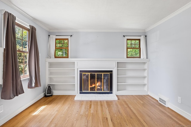 54 Briarwood Rd, Newington, CT 06111 - unfurnished living room with baseboards, wood finished floors, crown molding, healthy amount of natural light, and a glass covered fireplace