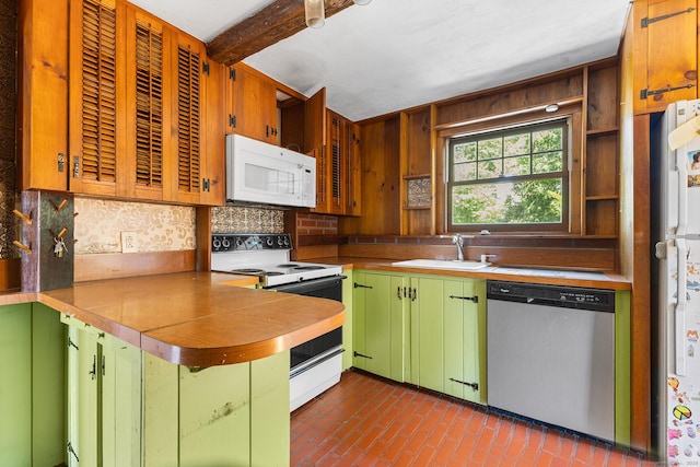 54 Briarwood Rd, Newington, CT 06111 - kitchen featuring white appliances, a sink, green cabinets, brick floors, and open shelves