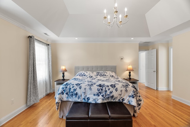 3 Autumn Ridge Rd, Newtown, CT 06470 - bedroom with a chandelier, a tray ceiling, light wood finished floors, crown molding, and baseboards