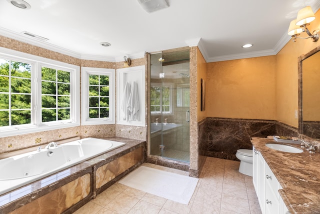 3 Autumn Ridge Rd, Newtown, CT 06470 - full bathroom with healthy amount of natural light, a stall shower, ornamental molding, a tub with jets, and tile walls