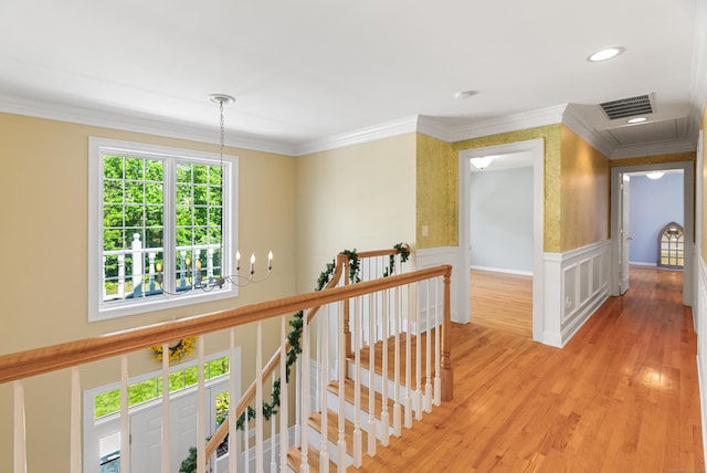 3 Autumn Ridge Rd, Newtown, CT 06470 - hall featuring an upstairs landing, ornamental molding, a wainscoted wall, light wood-style flooring, and recessed lighting