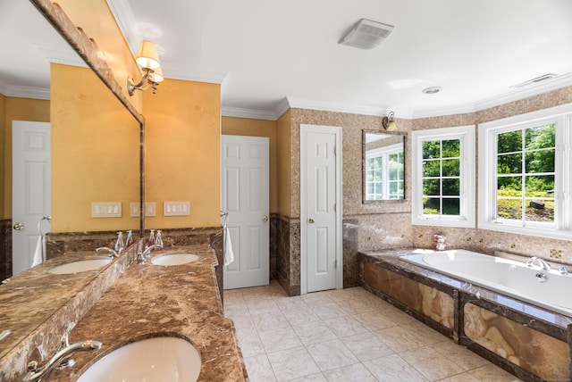 3 Autumn Ridge Rd, Newtown, CT 06470 - full bath with a garden tub, double vanity, wainscoting, tile walls, and crown molding