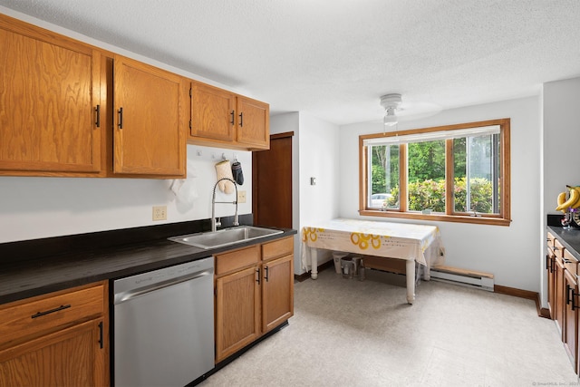122 W Main St Apt E, Stafford, CT 06076 - kitchen featuring stainless steel dishwasher, a sink, dark countertops, brown cabinets, and a textured ceiling