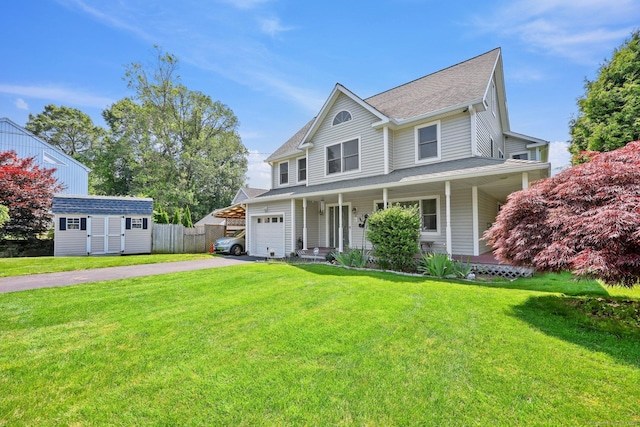 15 Oakledge Cir, Norwalk, CT 06854 - view of front of property with driveway, a shed, a shingled roof, a porch, and a garage