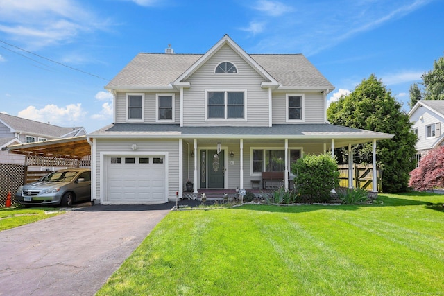 15 Oakledge Cir, Norwalk, CT 06854 - view of front of house with a carport, a front lawn, driveway, a garage, and covered porch