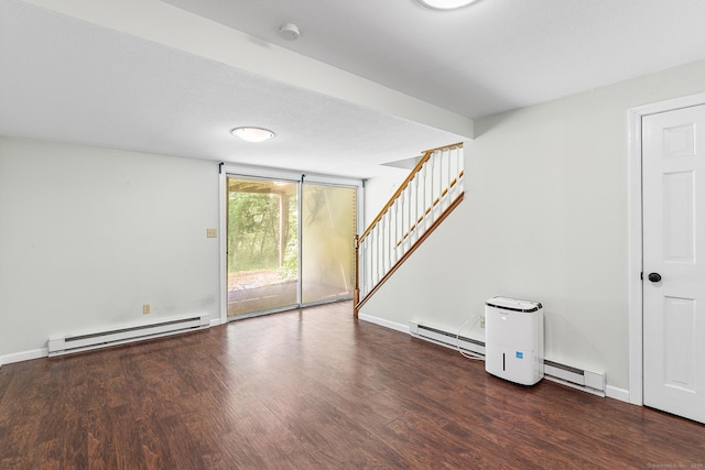 201 Baxter Rd Apt D, Mansfield, CT 06268 - empty room featuring a baseboard radiator, stairway, wood finished floors, a smoke detector, and expansive windows