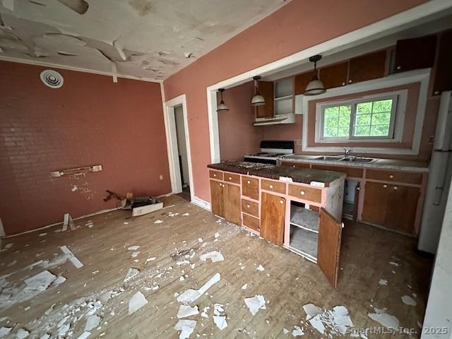 29 Division St, Norwich, CT 06360 - kitchen with stove, open shelves, hanging light fixtures, and under cabinet range hood