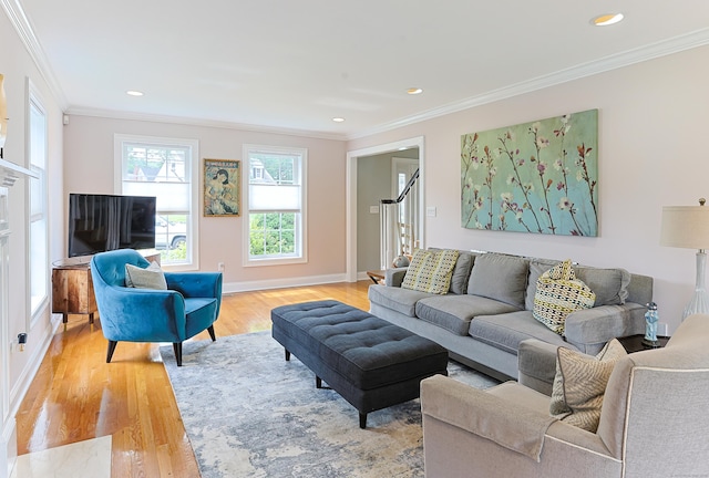 402 Jones Hill Rd, West Haven, CT 06516 - living room featuring ornamental molding, light wood finished floors, recessed lighting, and stairs