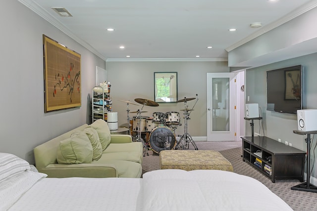 402 Jones Hill Rd, West Haven, CT 06516 - living room with carpet floors, recessed lighting, and crown molding