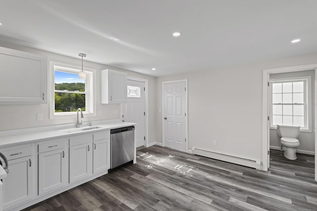 8 Wilson Ave, Waterford, CT 06375 - kitchen with dishwasher, a baseboard heating unit, a sink, dark wood-style flooring, and recessed lighting