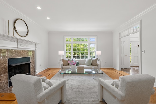 35 Hunting Ridge Rd, Easton, CT 06612 - living room with crown molding, plenty of natural light, baseboards, recessed lighting, and a tiled fireplace