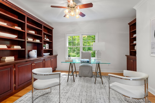 35 Hunting Ridge Rd, Easton, CT 06612 - home office featuring a ceiling fan, light wood-style floors, crown molding, and baseboards