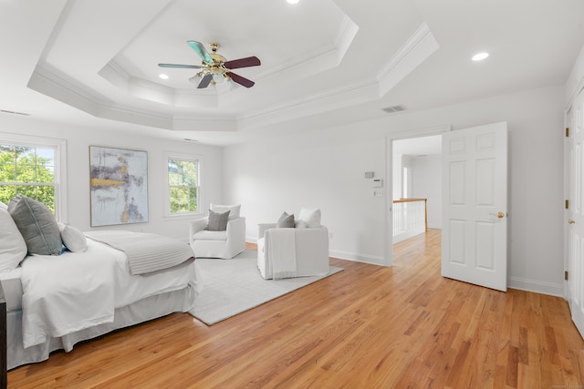 35 Hunting Ridge Rd, Easton, CT 06612 - bedroom with ornamental molding, light wood finished floors, a tray ceiling, recessed lighting, and a ceiling fan