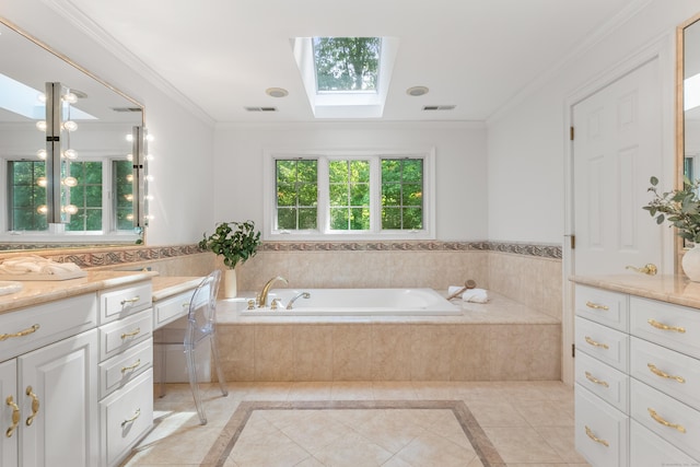 35 Hunting Ridge Rd, Easton, CT 06612 - bathroom with vanity, a bath, a skylight, inlaid floor details, and crown molding