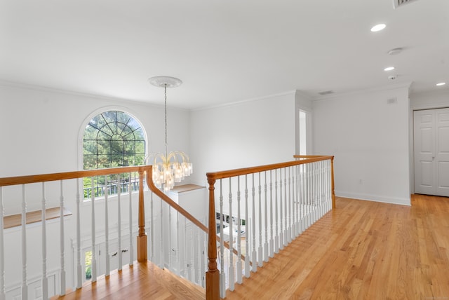 35 Hunting Ridge Rd, Easton, CT 06612 - hall with a chandelier, crown molding, light wood-style flooring, recessed lighting, and baseboards