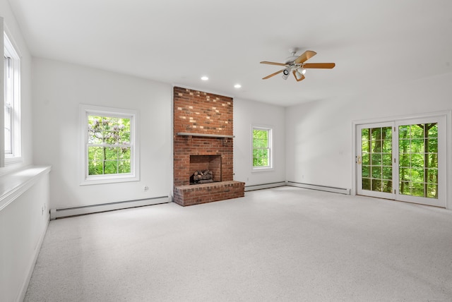 35 Hunting Ridge Rd, Easton, CT 06612 - unfurnished living room with baseboard heating, a ceiling fan, recessed lighting, a fireplace, and baseboards