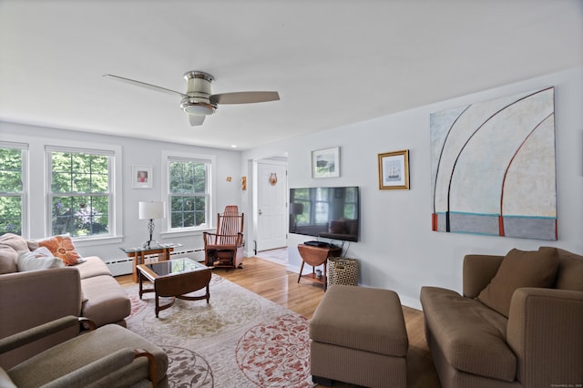 104 Quaker Farm Rd, Groton, CT 06355 - living area featuring wood finished floors, a baseboard heating unit, ceiling fan, and baseboards
