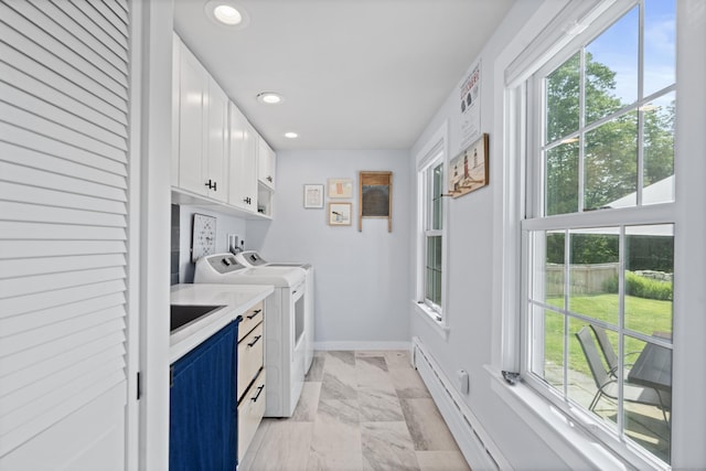104 Quaker Farm Rd, Groton, CT 06355 - laundry room featuring cabinet space, washing machine and dryer, baseboards, recessed lighting, and light marble finish floors