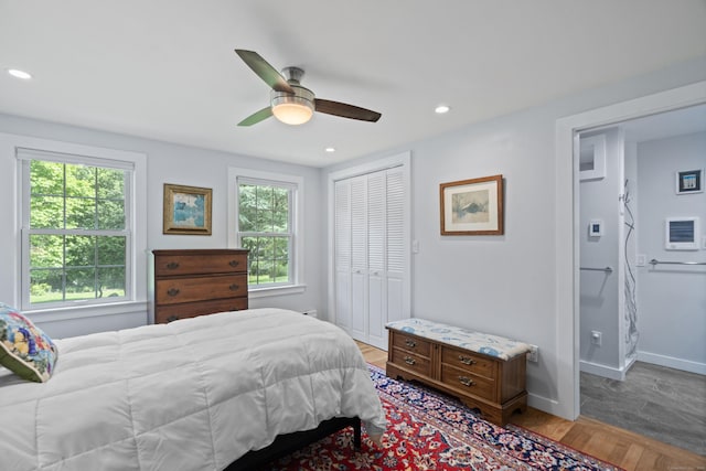 104 Quaker Farm Rd, Groton, CT 06355 - bedroom with multiple windows, baseboards, recessed lighting, a closet, and ceiling fan