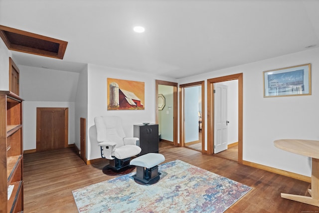 104 Quaker Farm Rd, Groton, CT 06355 - living area featuring baseboards, wood finished floors, attic access, and recessed lighting