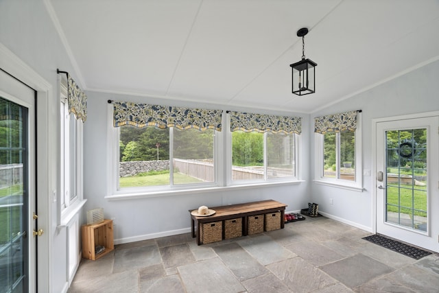 104 Quaker Farm Rd, Groton, CT 06355 - sunroom with stone tile flooring, baseboards, and vaulted ceiling