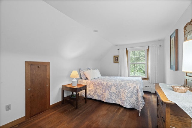 104 Quaker Farm Rd, Groton, CT 06355 - bedroom with a baseboard heating unit, dark wood-type flooring, vaulted ceiling, and baseboards