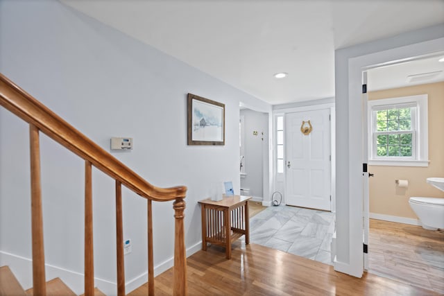 104 Quaker Farm Rd, Groton, CT 06355 - foyer featuring baseboards, stairs, recessed lighting, and light wood finished floors