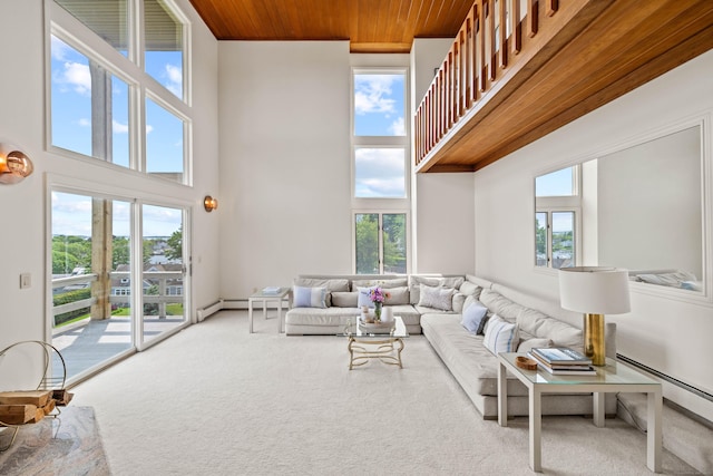70 Prospect Hill Rd, Groton, CT 06340 - living area with a high ceiling, wooden ceiling, carpet, and baseboard heating